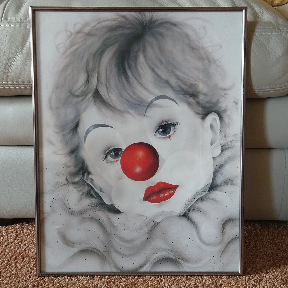 Baby child clown print framed wall decor vintage